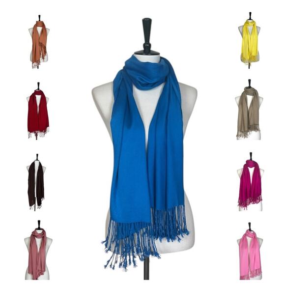 Women’s Bundle 9 Oblong Scarfs Solid Color Fringe Pink Teal Yellow Red Brown Tan - Picture 16 of 16